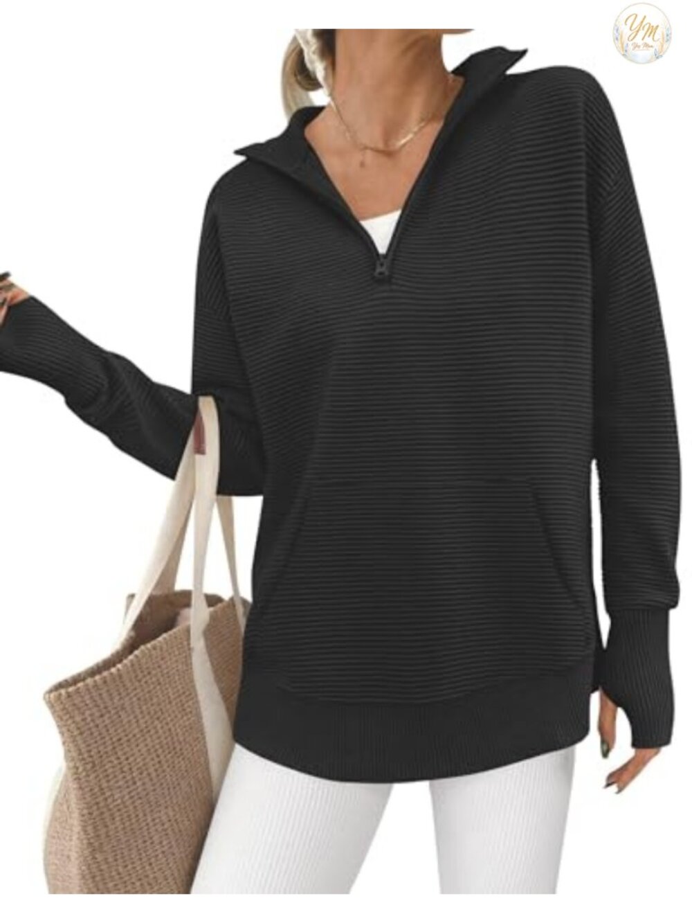 Quarter Zip Pullover Sweater Women Long Sleeve Thumb Hole Kangaroo Pocket Loose
